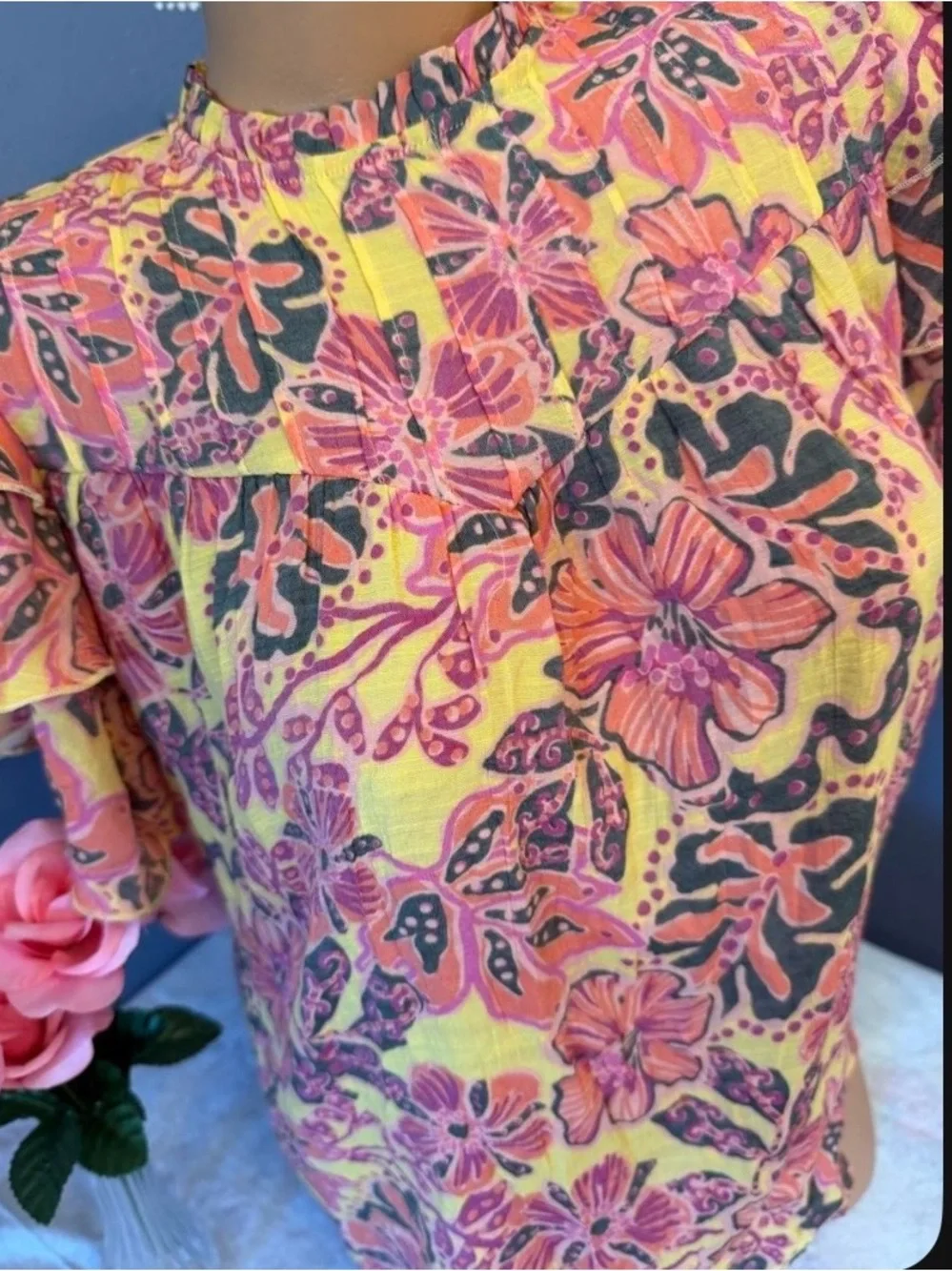 Nanette Lepore yellow & pink floral blouse ruffle sleeves sz S